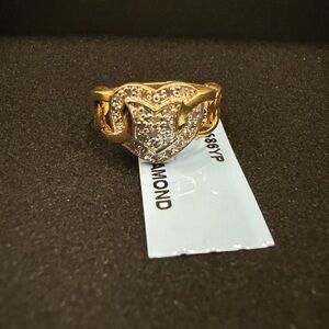 Gold Over Sterling Heart Cuban Ring With Natural Diamonds Size 6